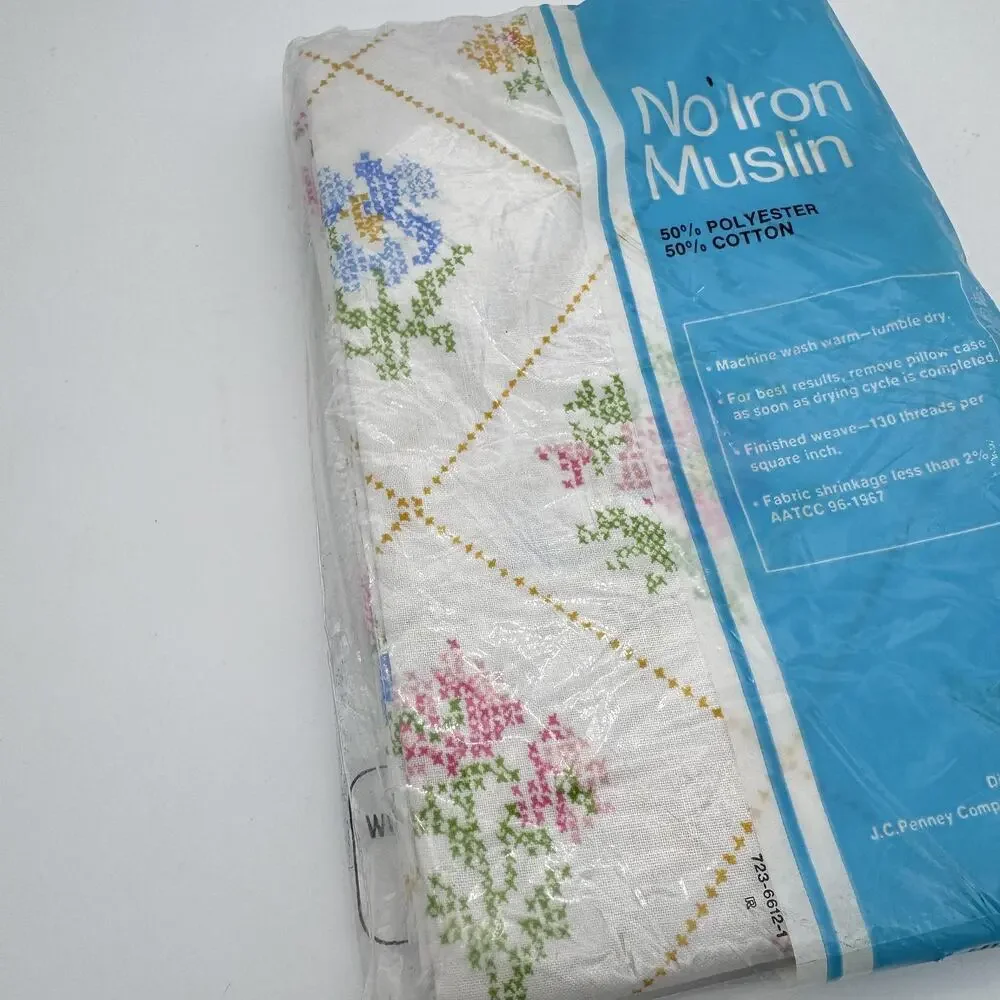 Vintage JCPenney Pillowcases Floral Cross Stitch Print Standard Set Of 2 No Iron